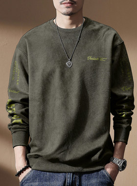 高端重磅380g麂皮绒圆领卫衣男秋季加绒潮牌宽松大码美式长袖男装