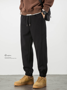 轻澜秋冬新款黑色休闲裤男款宽松束脚运动卫裤大码加绒加厚裤子