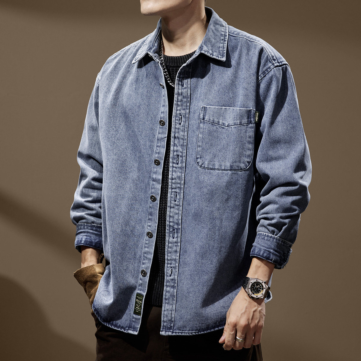 高级感简约蓝色牛仔夹克男士2024秋季新款宽松大码工装衬衣外套男