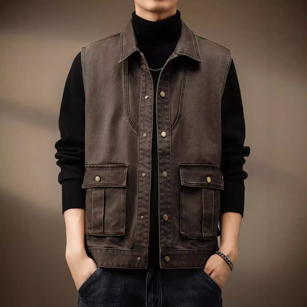 高端美式翻领无袖马甲男秋季新款户外钓鱼宽松休闲复古工装外套男