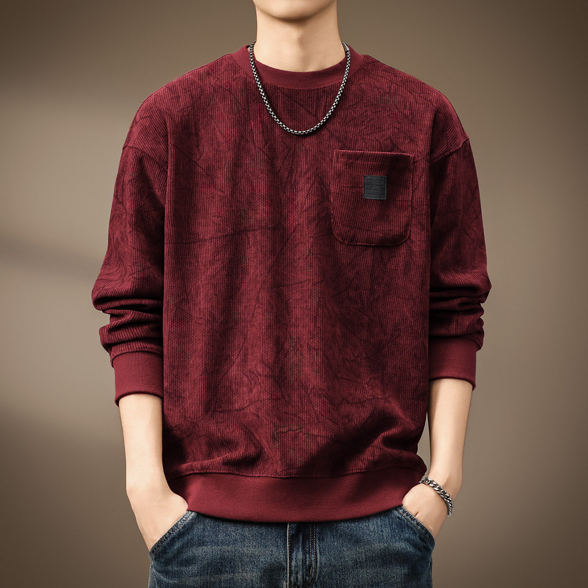 高端重磅德澳绒加绒卫衣男士秋季印花圆领宽松长袖T恤休闲打底衫