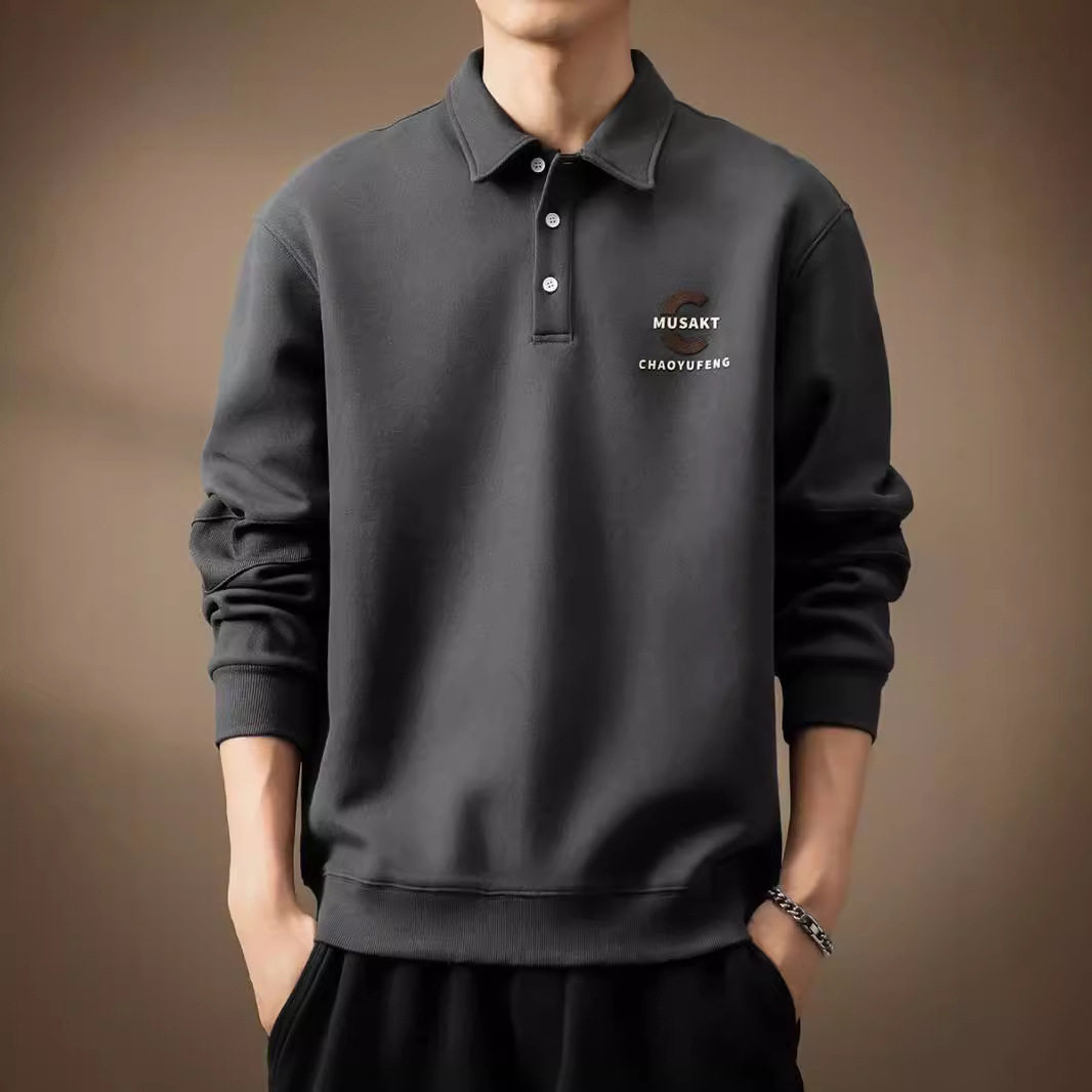 高端美式休闲Polo衫男长袖秋季加绒重磅宽松大码城市通勤上衣服男