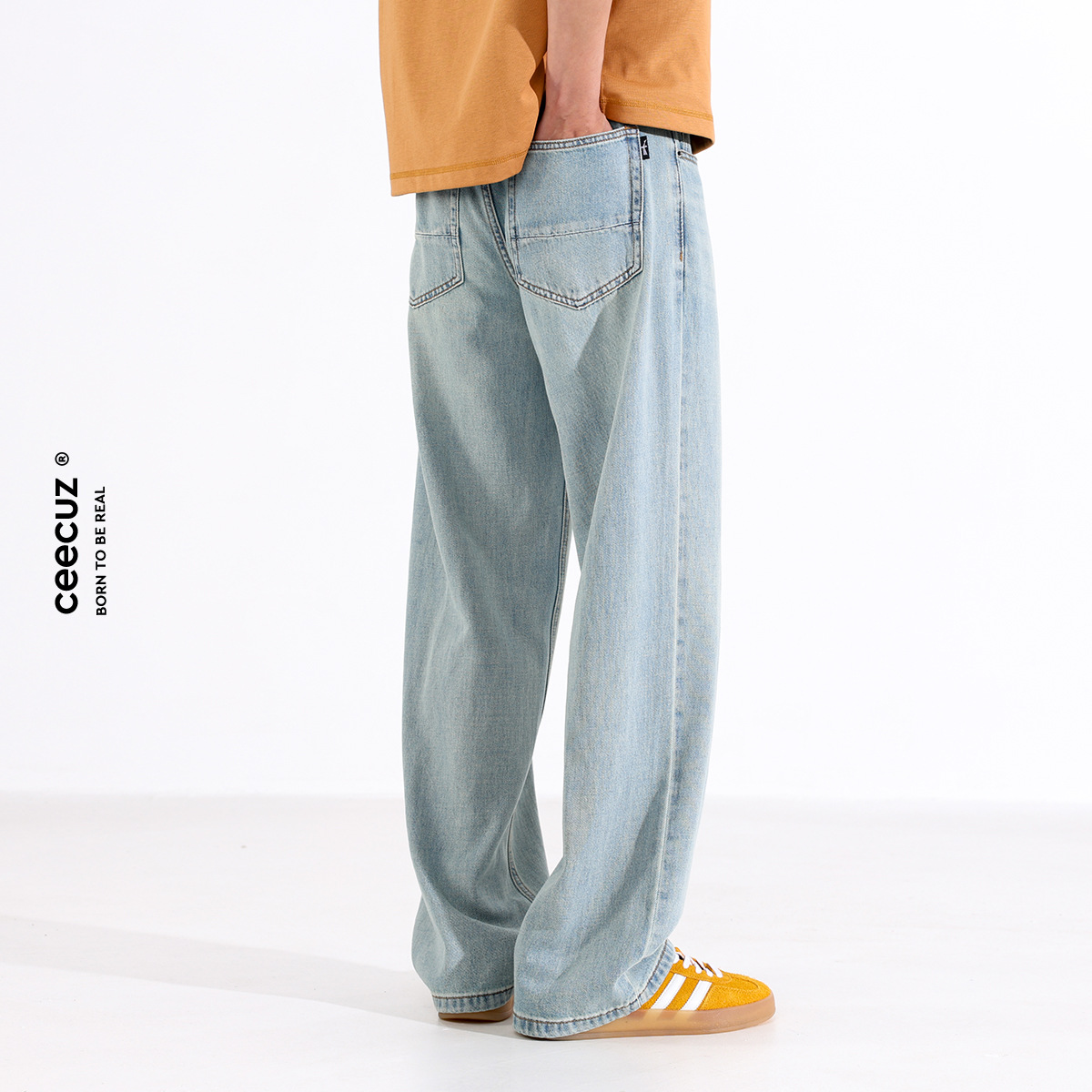 凉感莱赛尔浅色直筒牛仔裤美式