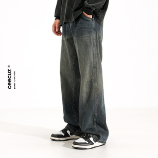 Ceecuz 复古水洗做旧工装牛仔裤男美式vintage宽松阔腿直筒休闲裤
