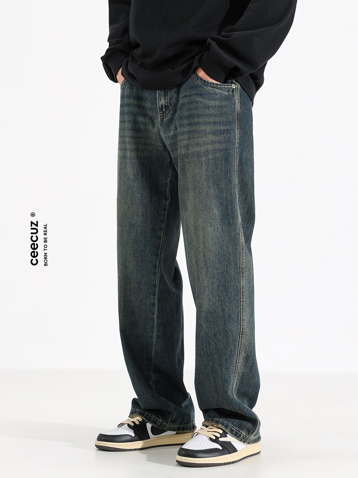 Ceecuz美式复古cleanfit宽松直筒牛仔裤男款春秋新款阔腿休闲长裤