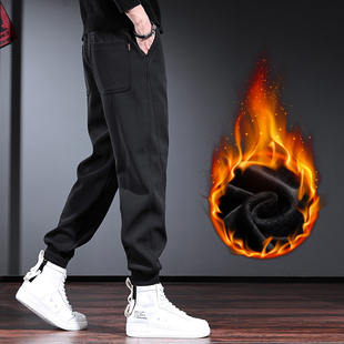 加绒加厚裤 简约男士 冬季 欧美风松紧腰抽绳束脚运动裤 子男潮 休闲裤