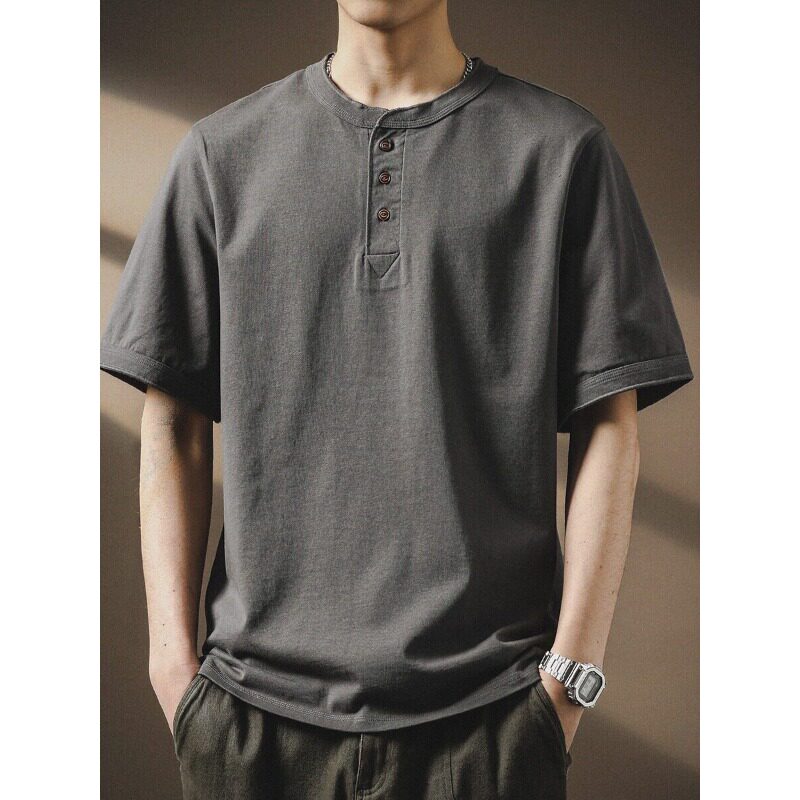 高端美式复古亨利领Polo衫男夏季潮牌宽松体恤纯棉重磅短袖T恤男