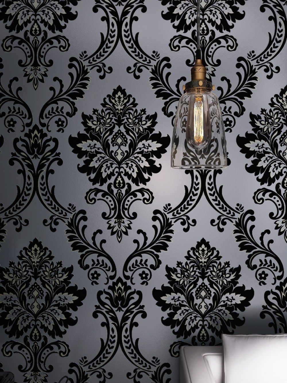 classic mystery black velvet flocking damask wallpaper texti