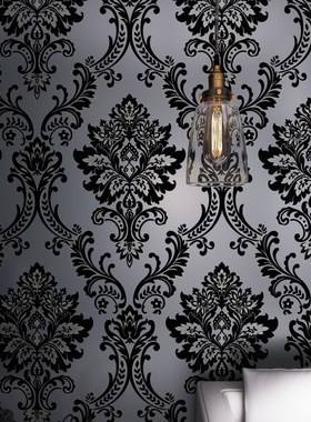 Classic Mystery Black Velvet Flocking Damask Wallpaper Texti