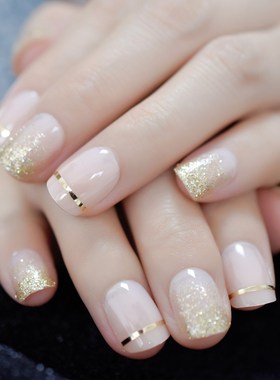 UV Gel Cover False Nails Gold Glitter Nude Ladi's Press On