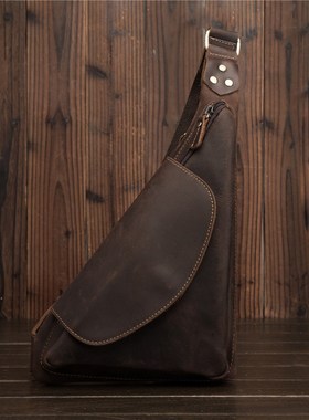 Chest Bag Crazy Horse Genuine Leather Men Crossbody Bags Tri
