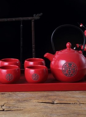 Ceramic Plum Tea Set Creative Red Teacup Pot Chinese Style W