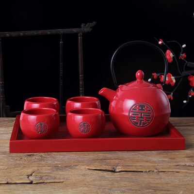 Ceramic Plum Tea Set Creative Red Teacup Pot Chinese Style W
