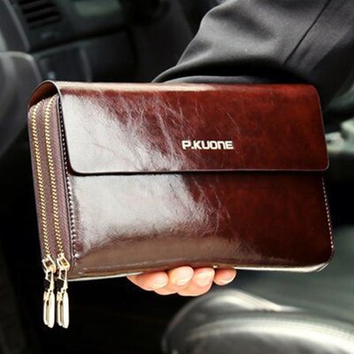Luxury Oil Wax Cowhide Men Clutch Bag Long Genuine Leather