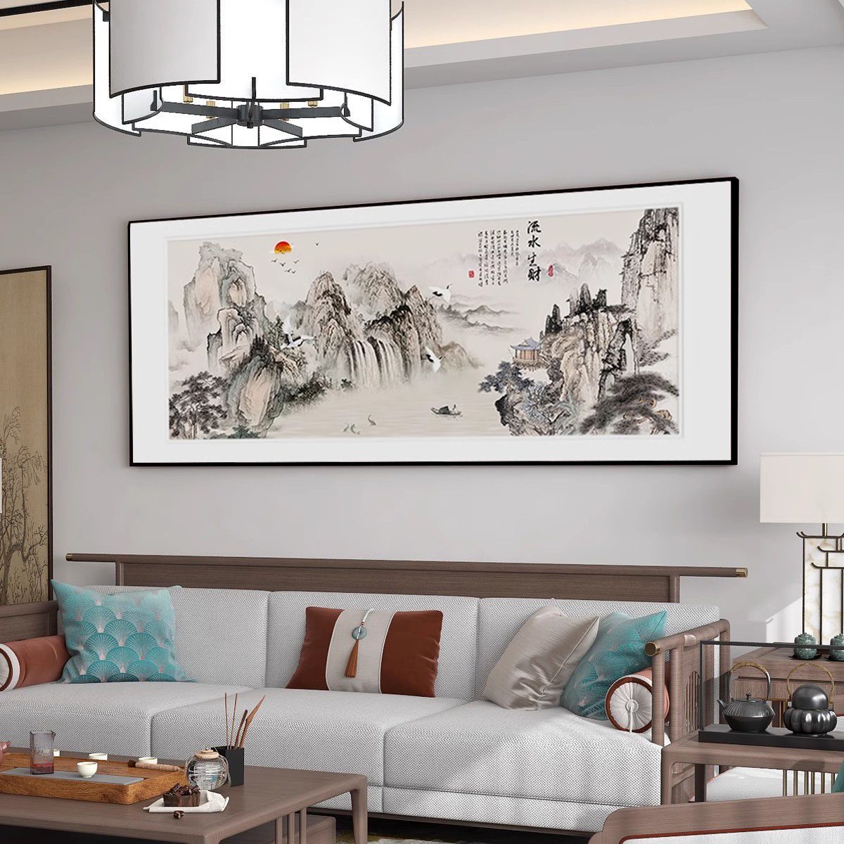 流水生财山水风景画客厅挂画茶室茶台装饰画办公室沙发壁画靠山图