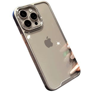 新款17适用ip苹果15手机壳iPhone13/14promax轻奢电镀闪粉水钻边框透明背板15pro高档13pro不发黄14p钛灰色套