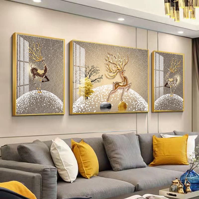 客厅装饰画晶瓷轻奢高级感钻石大气3D壁画三联沙发背景墙麋鹿挂画图片