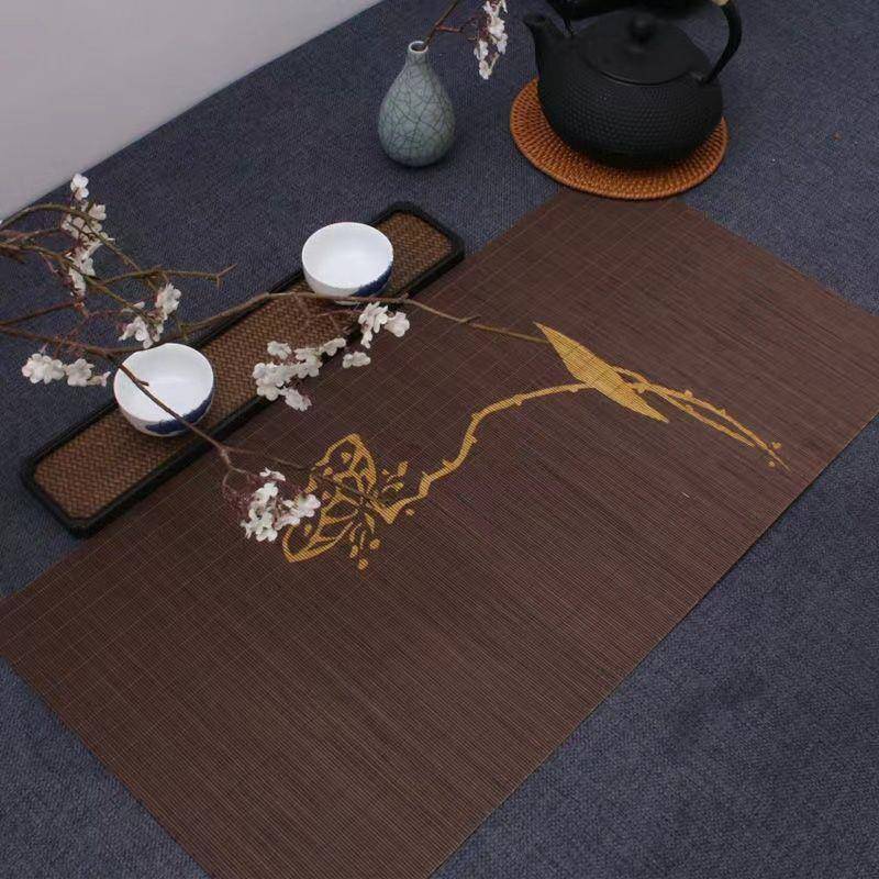 竹制品竹帘垫子竹餐桌茶室隔热碗竹垫子长方形茶具配件印花竹垫
