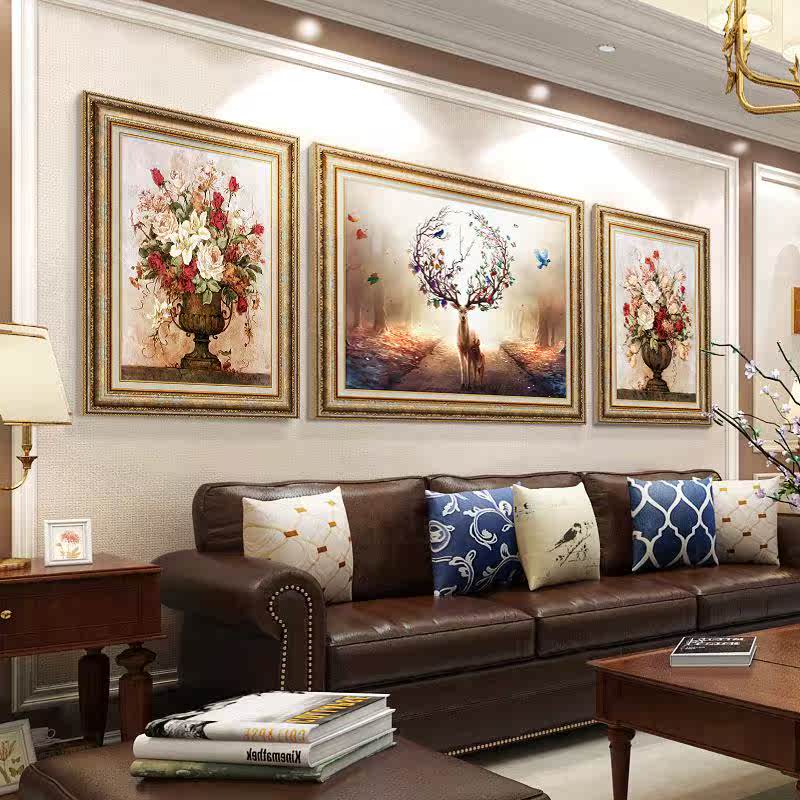 欧式客厅装饰画沙发背景墙孔雀壁画餐厅大气北欧三联画美式挂画鹿图片