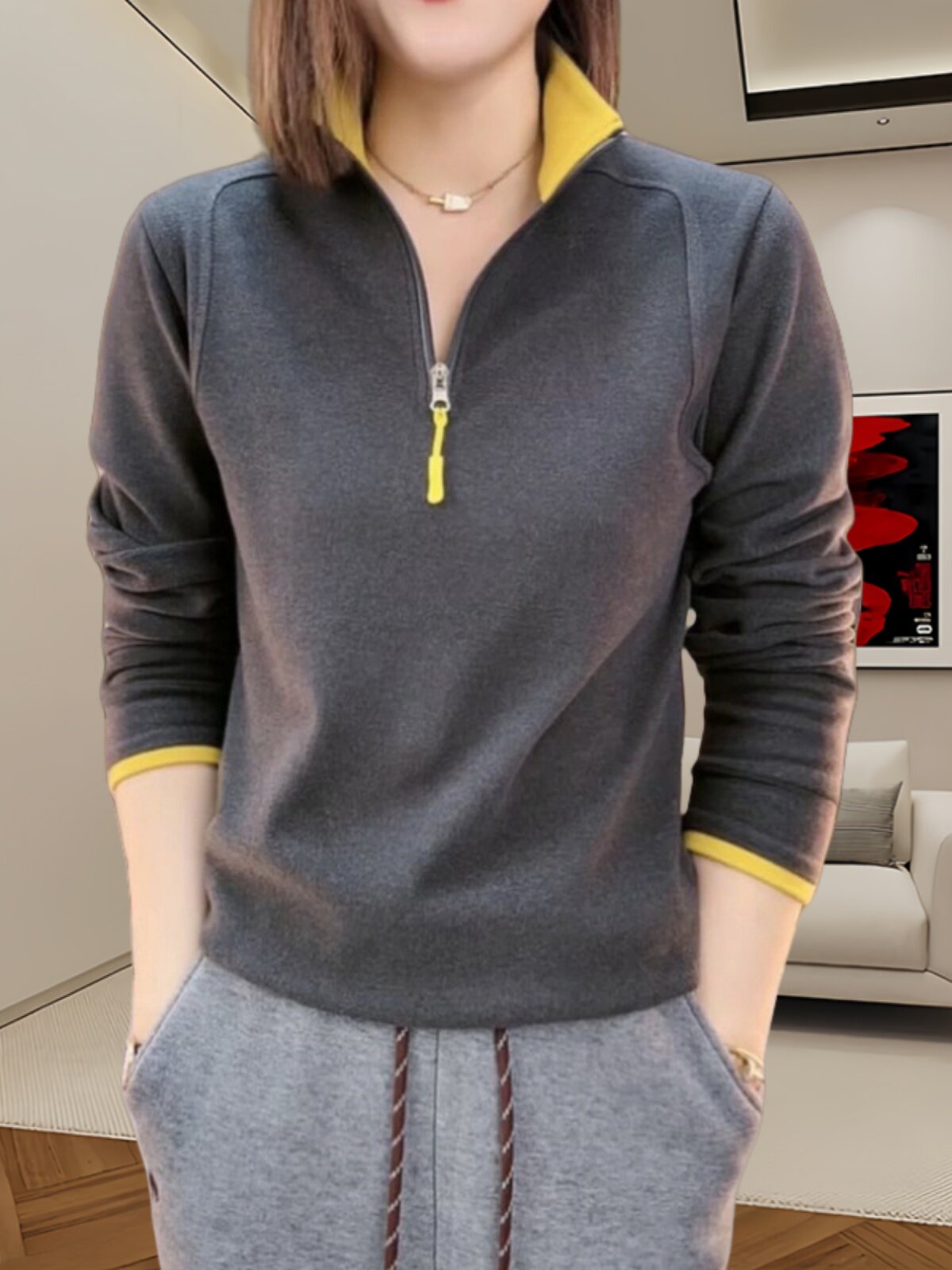 双面德绒立领半拉炼休闲长袖卫衣打底衫秋季新款宽松显瘦保暖上衣