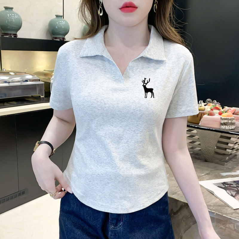 中年妈妈灰白色正肩翻领短袖t恤2026新款夏季纯棉印花短款polo衫