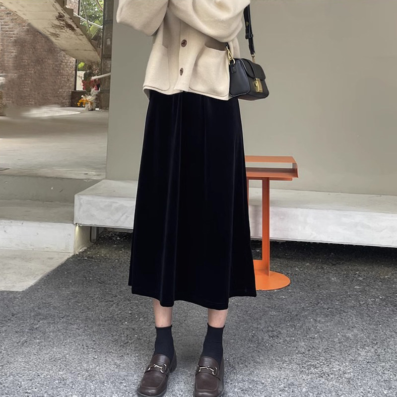 胖mm金丝绒A字半身裙秋冬新款大码新款高腰显瘦垂感中长款直筒裙