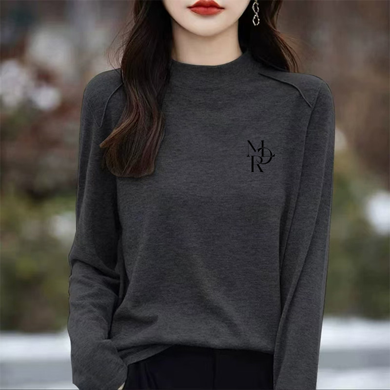 纯棉印花半高领长袖t恤打底衫女士2025秋季新款大码显瘦内搭上衣