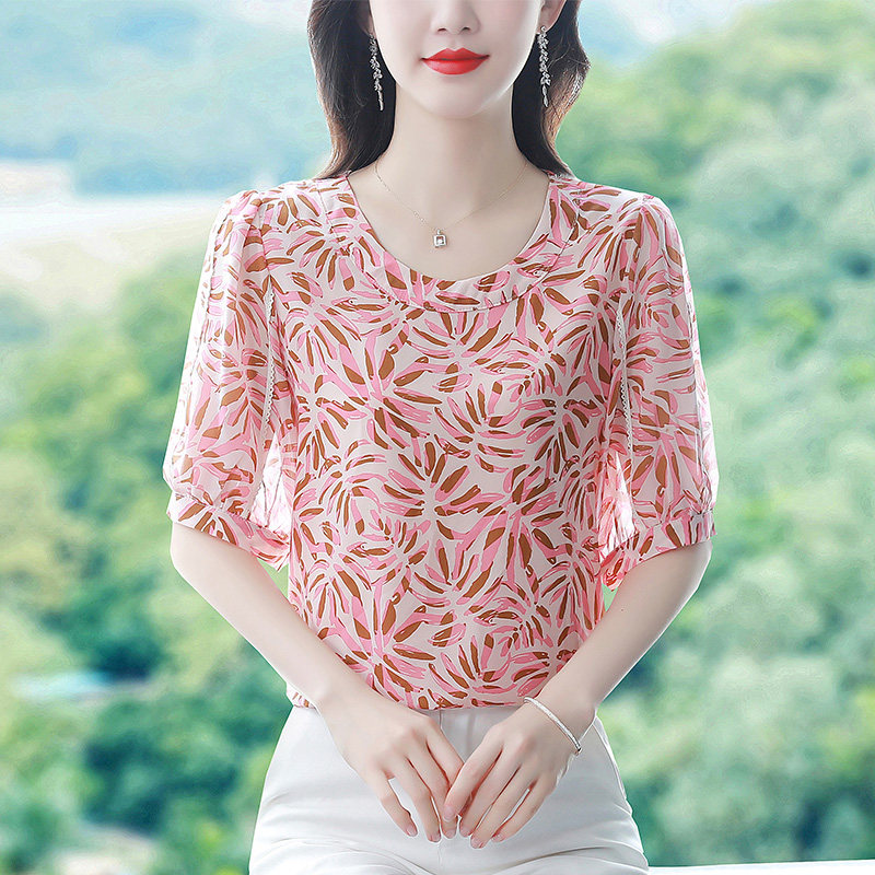 漂亮碎花短袖雪纺衫女夏季2026新品妈妈时尚小衫宽松显瘦短款上衣