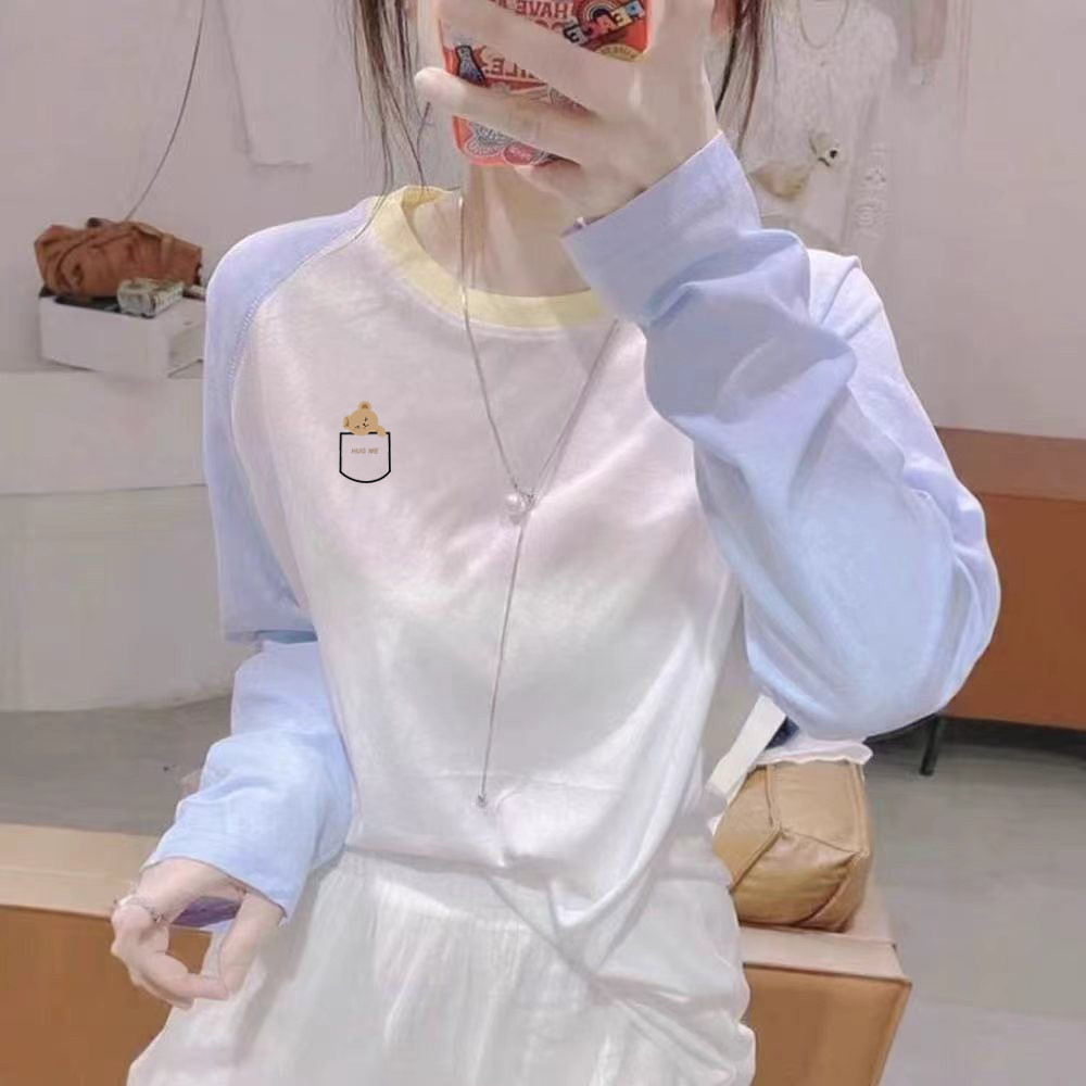 休闲慵懒风撞色圆领插肩长袖t恤女春秋2026新款欧货纯棉印花上衣