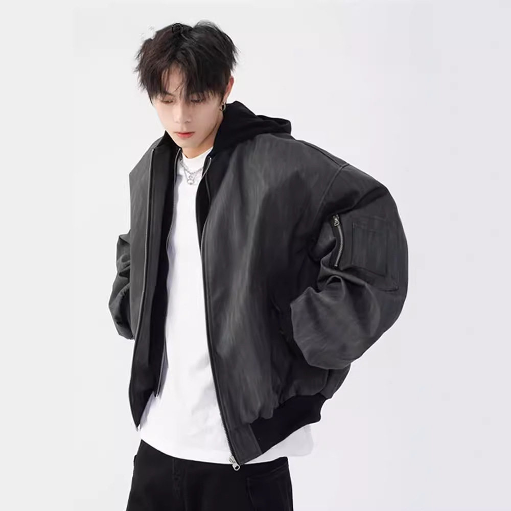原创设计美式复古棒球服男秋冬宽松休闲短款连帽pu皮纹理夹克外套