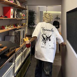 纯棉美式街头重磅t恤潮牌欧美蝴蝶印花短袖夏季男款正肩半袖上衣