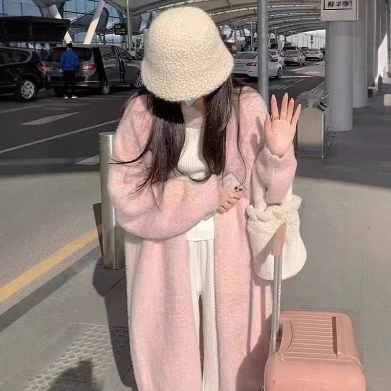 水貂绒毛衣外套女宽松外搭慵懒风中长款白色针织开衫浴袍大衣秋冬