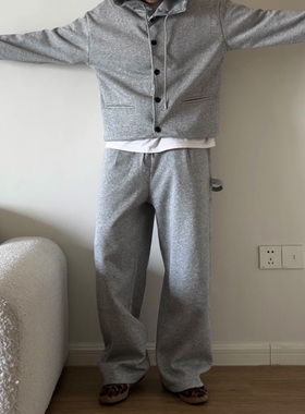 Double99春季新款连帽卫衣开衫外套阔腿休闲裤两件套韩版运动套装