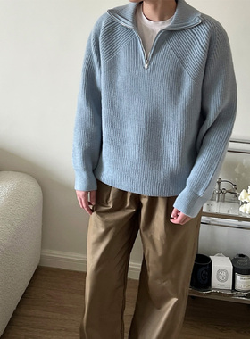Double99韩版高领半拉链毛衣秋冬季打底上衣高级感宽松翻领针织衫