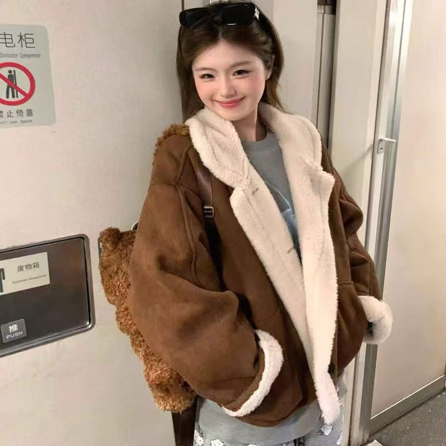 赵露思同款皮毛一体羊羔毛外套女