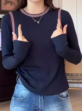 3-24H 春夏新款撞色领长袖针织打底衫    6531