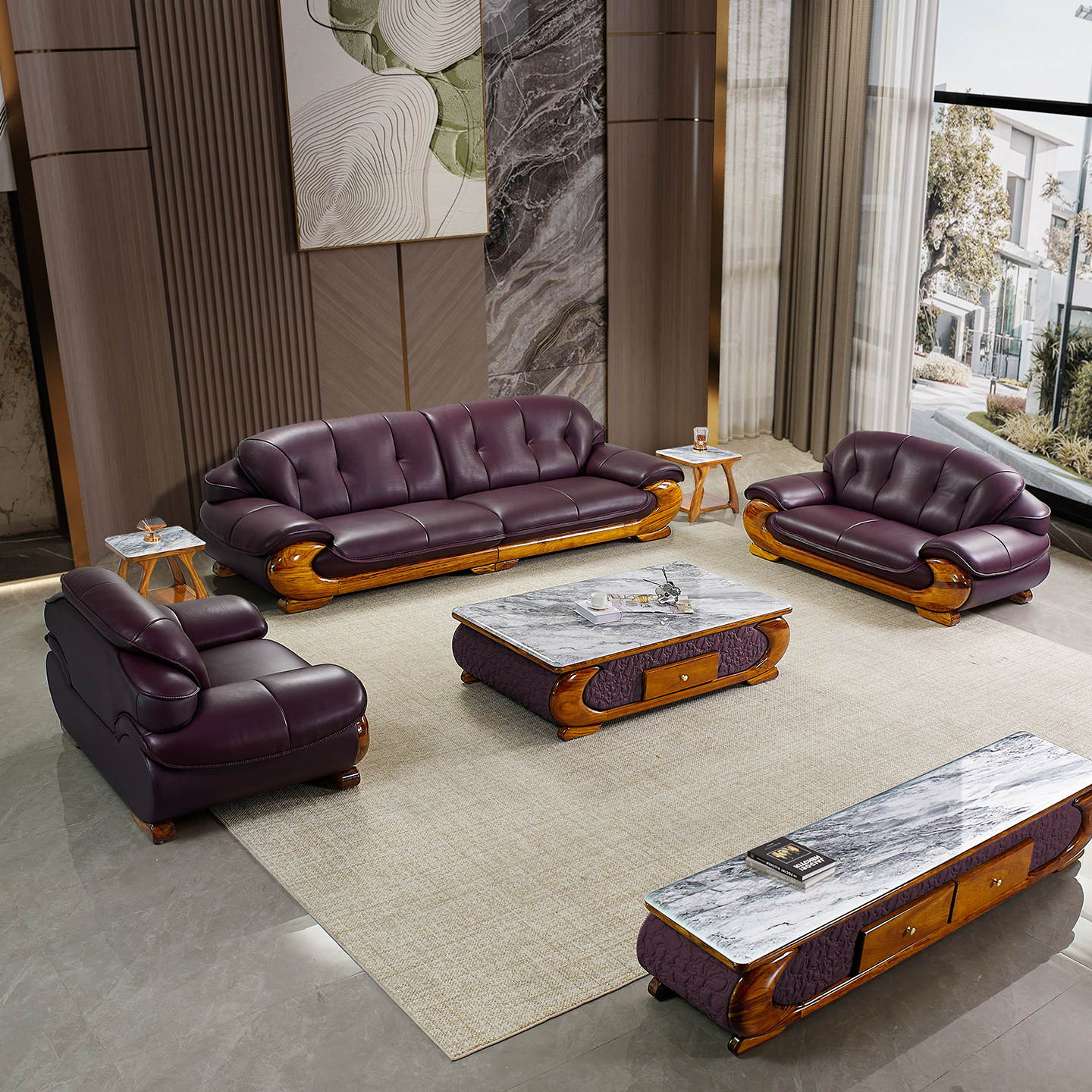 乌金木真皮沙发现代新中式高端别墅客厅实木头层牛皮青皮沙发组合