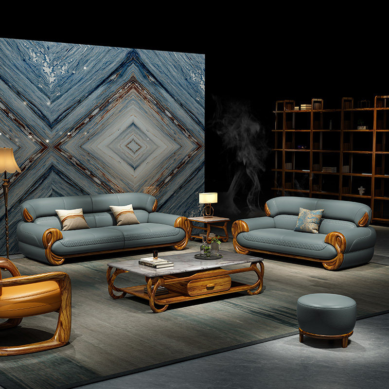 新中式乌金木实木沙发组合现代简约高端客厅特厚真皮沙发佛山家具