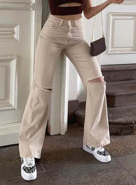 Khaki High Waist Jeans Straight Leg卡其色高腰牛仔裤直筒裤女