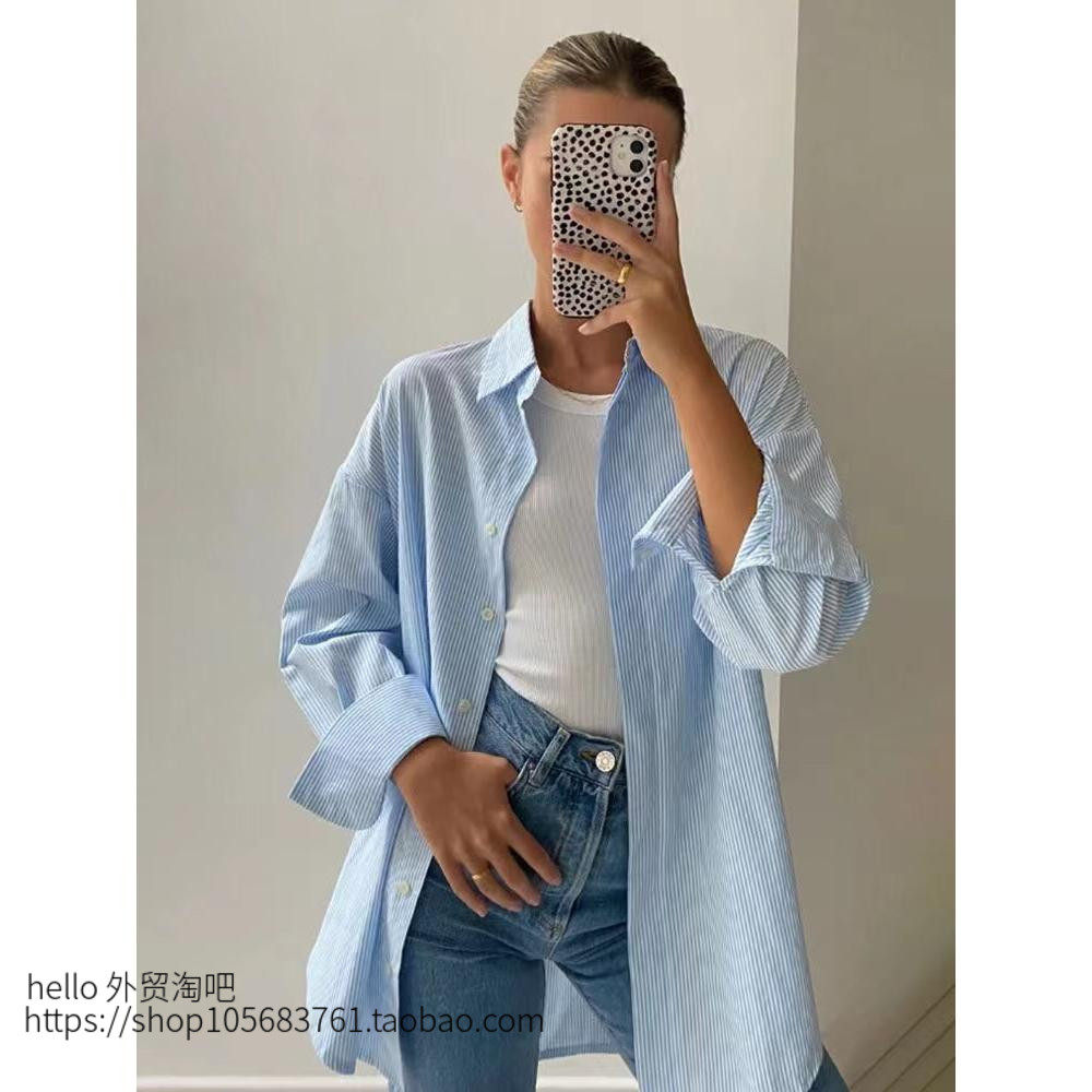 欧美风简约纽扣长袖条纹开衫衬衫 Single breasted striped shirt