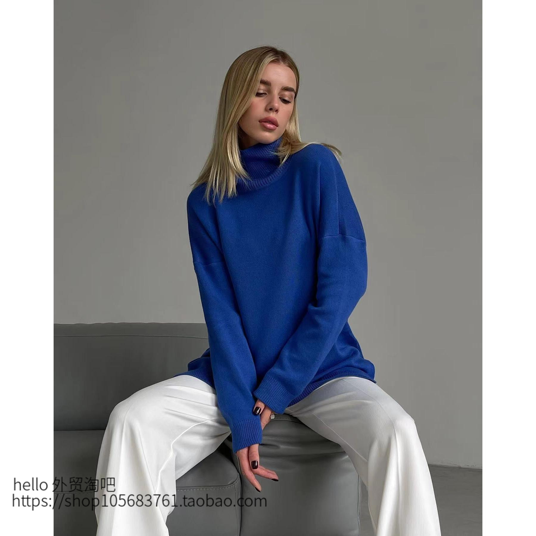 欧美宽松针织衫开叉高领毛衣Oversize Knit turtleneck Sweater