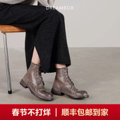 DREAMBOX钧博纯手工女靴重水洗马皮气质短靴粗跟舒适轻奢马丁靴
