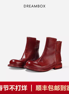 DREAMBOX钧博高档轻奢水洗马皮后拉链切尔西靴秋冬时尚气质女靴