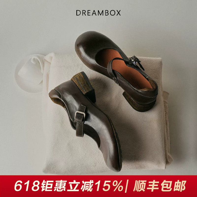 DREAMBOX钧博水洗马皮复古玛丽珍单鞋夏季新款一脚蹬搭扣气质女鞋