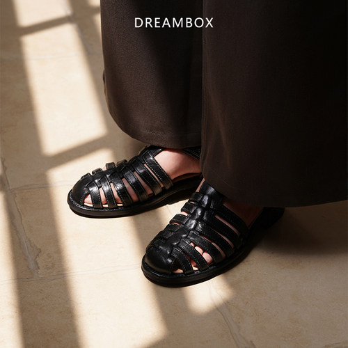DREAMBOX钧博重水洗马皮罗马凉鞋手工编织镂空平底夏季包头沙滩鞋