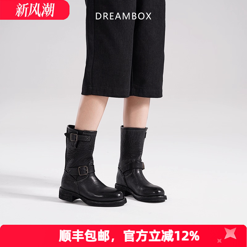 dreambox钧博vibram水洗马皮粗跟女士骑士靴英伦高筒靴百搭女靴