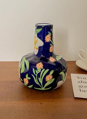 好奇卡卡蓝宝石蓝色重工业手绘覆古田园风格陶瓷花瓶大肚艺术装饰