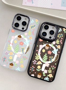 适用新款16e苹果14pro磁吸手机套iPhone15plus防摔白色磨砂手机壳12碎花magsafe13小众高级感12max少女ins风