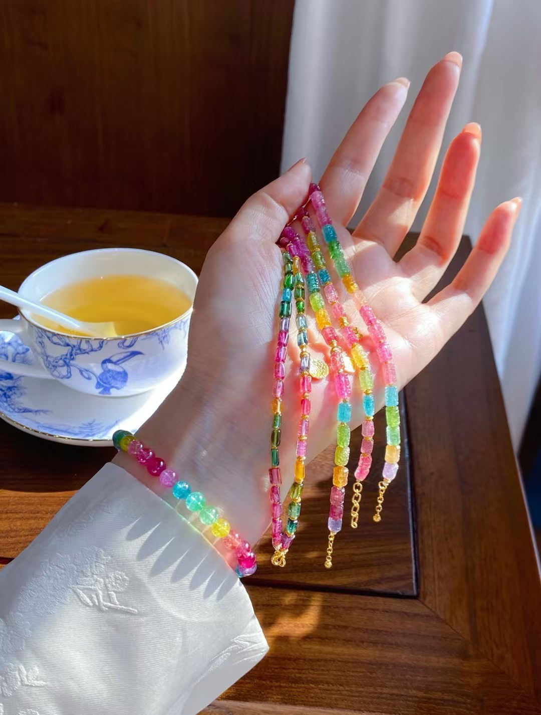天然西瓜糖果碧玺回纹珠手链女款彩虹单圈手串送女友闺蜜生日礼物
