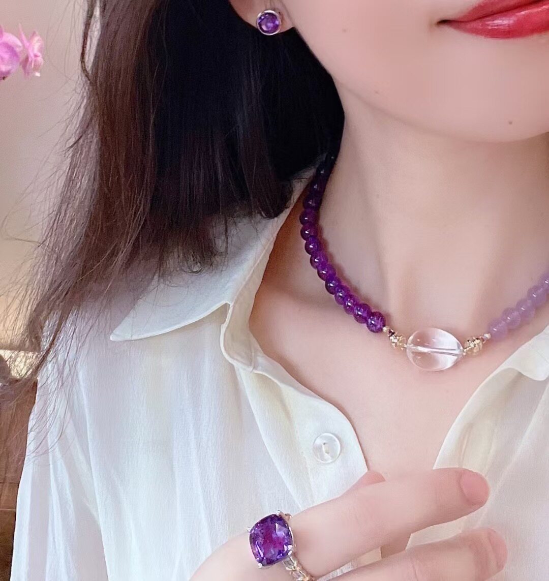 天然水晶手串项链紫水晶渐变原创白水晶搭配项链女款简约时尚手串